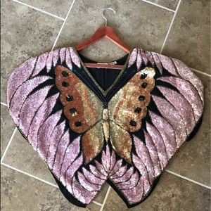 Sho Max, 1970s Butterfly Sequin Poncho Top, XS/S